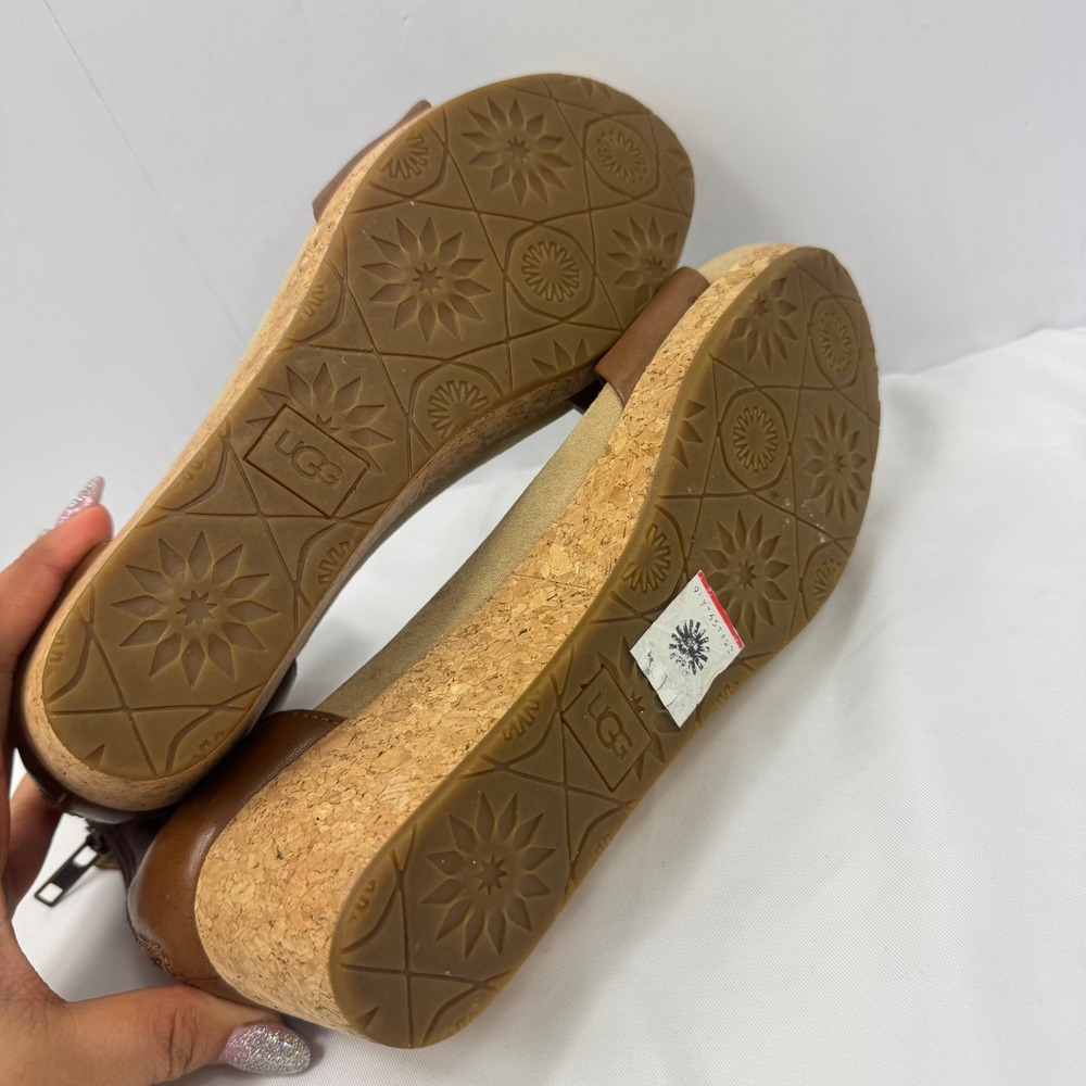 UGG Women Brown Leather Cork Wedge Ankle Strap Sandals 1102674 Size 9.5 - Picture 3 of 14